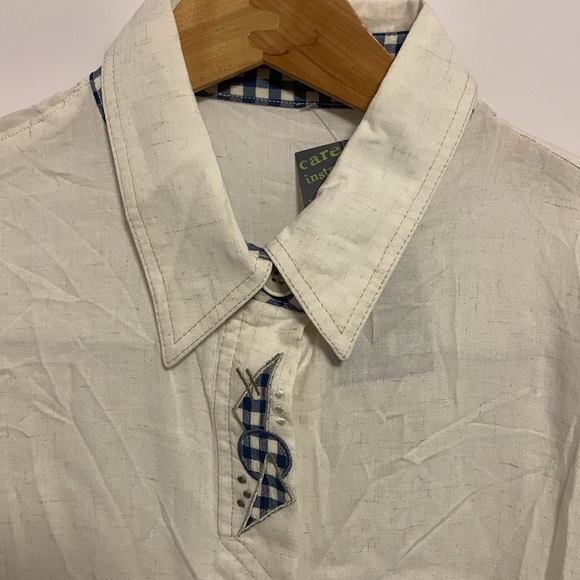 MONA LISA CREAM COLORED WITH BLUE CHECK BUTTON DOWN BLOUSE SHORT SLEEVE - Picture 1 of 6